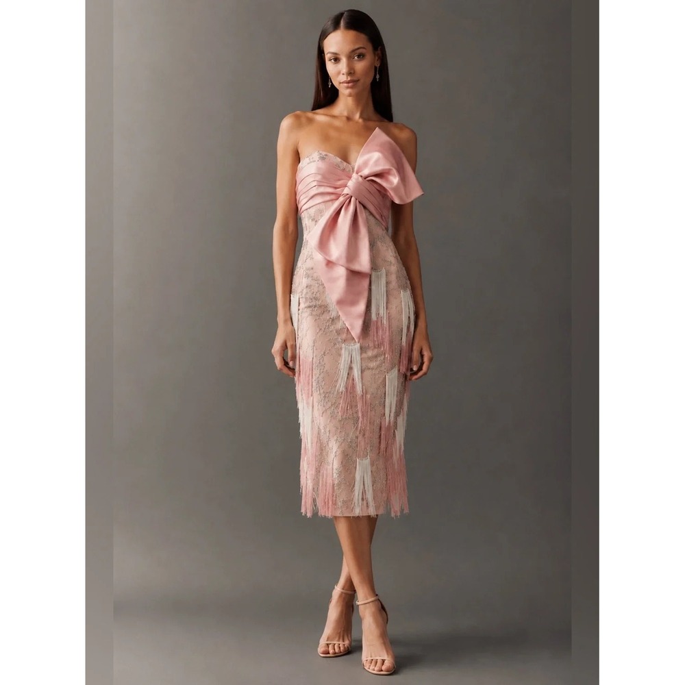 NWD MAC DUGGAL [ 10 ] 20593 Bow Front Ombre Fringe Detailed Dress Rose #J2443